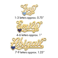 Three gold-colored name pendants with colored heart charms, displayed with size specifications ranging from 0.75 to 1.25 inches in width.