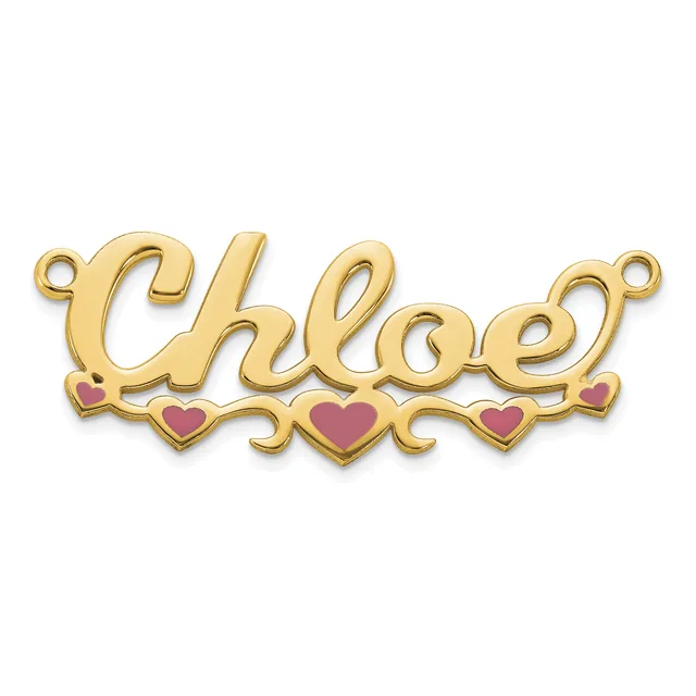 Gold-toned metal connector pendant spelling "Chloe" in script with three red enamel hearts beneath, featuring loops at each end.