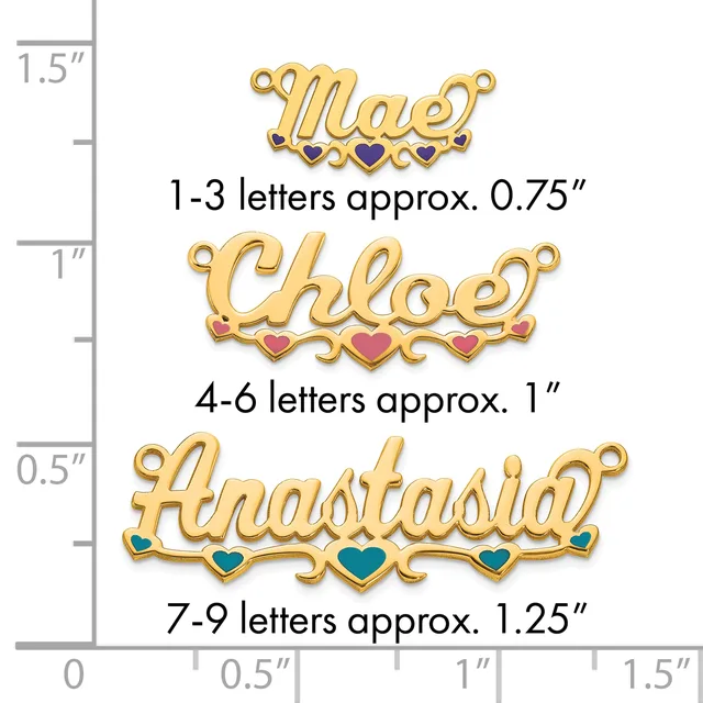 Three gold nameplate pendants with decorative heart charms shown at actual size, ranging from 0.75 to 1.25 inches in width, displayed against a measurement scale.
