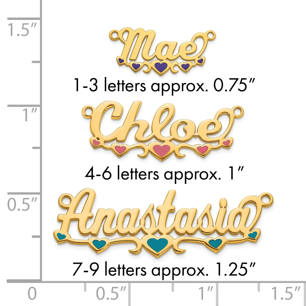 Three gold nameplate pendants with decorative heart charms shown at actual size, ranging from 0.75 to 1.25 inches in width, displayed against a measurement scale.
