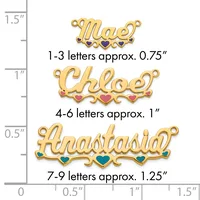 Three gold nameplate pendants with decorative heart charms shown at actual size, ranging from 0.75 to 1.25 inches in width, displayed against a measurement scale.