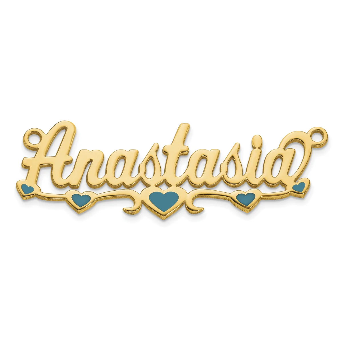 Gold-colored nameplate pendant with cursive script lettering and blue enamel heart accents along the bottom, featuring small loops at each end.