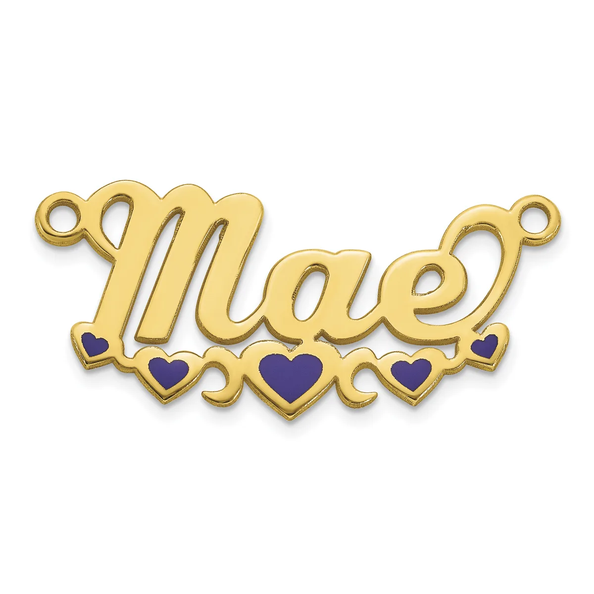 Gold-toned metal pendant with the word "love" in script lettering, decorated with five small enamel hearts in dark blue at the bottom and two attachment loops at the top.