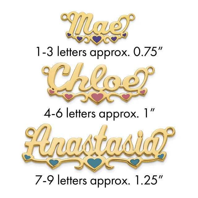 Three gold name pendants with decorative hearts in varying sizes, labeled by letter count and approximate width measurements.