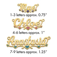 Three gold name pendants with decorative hearts in varying sizes, labeled by letter count and approximate width measurements.