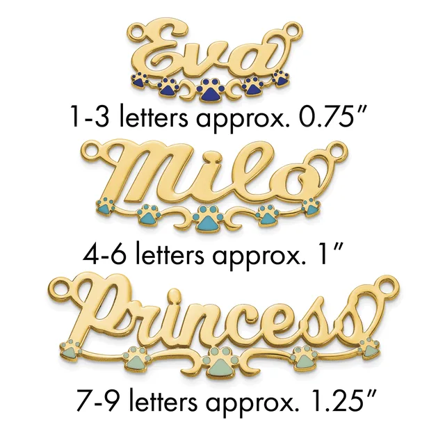Three gold-tone nameplate pendants with decorative paw print and gemstone accents, ranging from 0.75 to 1.25 inches in width.