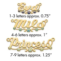 Three gold-tone nameplate pendants with decorative paw print and gemstone accents, ranging from 0.75 to 1.25 inches in width.