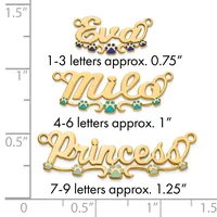 Three gold-toned name pendants with gemstone accents shown at actual size on a measurement scale, ranging from 0.75 to 1.25 inches in width.