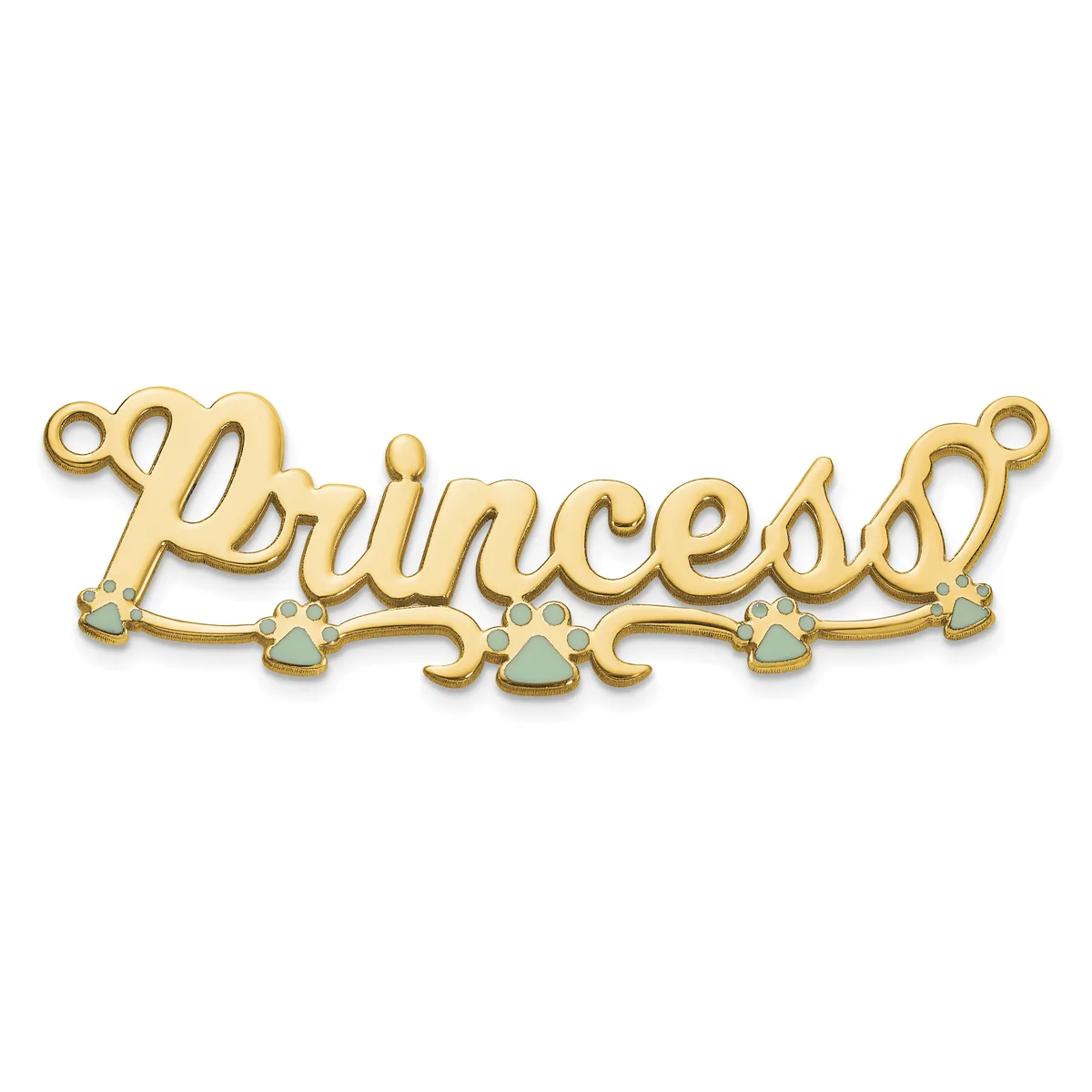 Gold-toned metal pendant spelling "Princess" with small turquoise stone accents beneath the word and loops at each end for attachment.