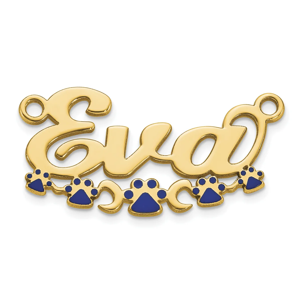Gold-toned metal pendant connector with script text and small blue enamel paw prints along the bottom, featuring loops at each end.