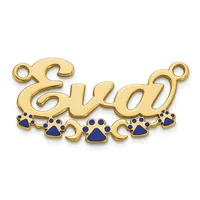 Gold-toned metal pendant connector with script text and small blue enamel paw prints along the bottom, featuring loops at each end.
