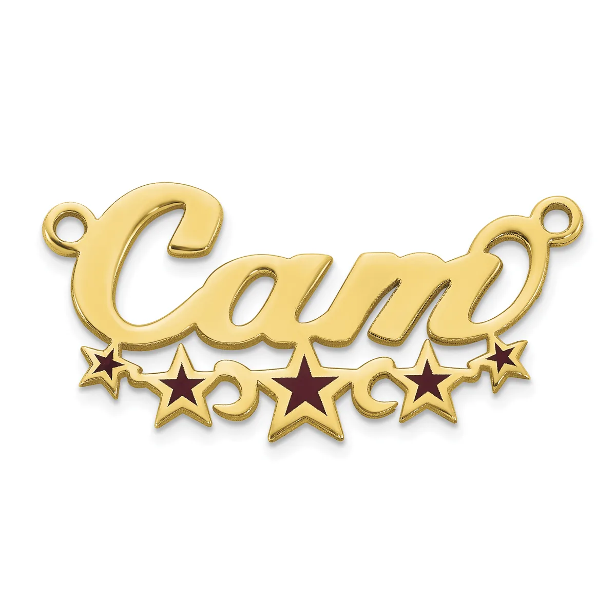 Gold-toned metal pendant with the word "Camp" in script lettering, decorated with five stars below and two loop attachments at the top.