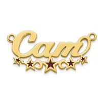 Gold-toned metal pendant with the word "Camp" in script lettering, decorated with five stars below and two loop attachments at the top.