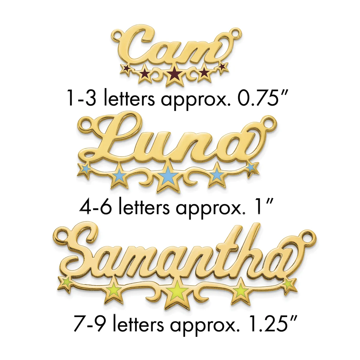 Three gold-toned name pendants with decorative stars shown in increasing sizes, labeled by letter count and approximate dimensions.