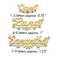 Three gold-toned name pendants with decorative stars shown in increasing sizes, labeled by letter count and approximate dimensions.