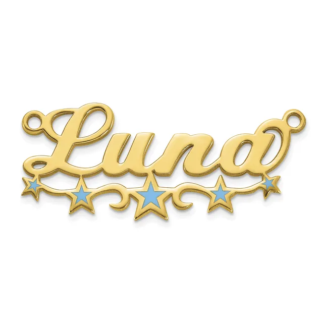 Gold-toned nameplate pendant spelling "Luna" in cursive script with decorative stars beneath, featuring small loops at each end for attachment.