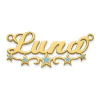 Gold-toned nameplate pendant spelling "Luna" in cursive script with decorative stars beneath, featuring small loops at each end for attachment.