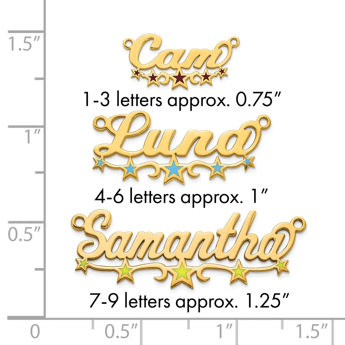 Three gold-colored name pendants with decorative stars shown at different sizes on a measurement scale, ranging from 0.75 inches to 1.25 inches in height.