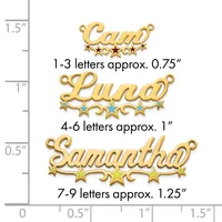 Three gold-colored name pendants with decorative stars shown at different sizes on a measurement scale, ranging from 0.75 inches to 1.25 inches in height.
