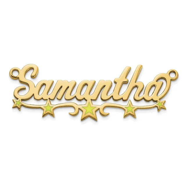A gold-toned metal nameplate pendant spelling "Samantha" in cursive script with three yellow stars beneath and small loops at each end for attachment.