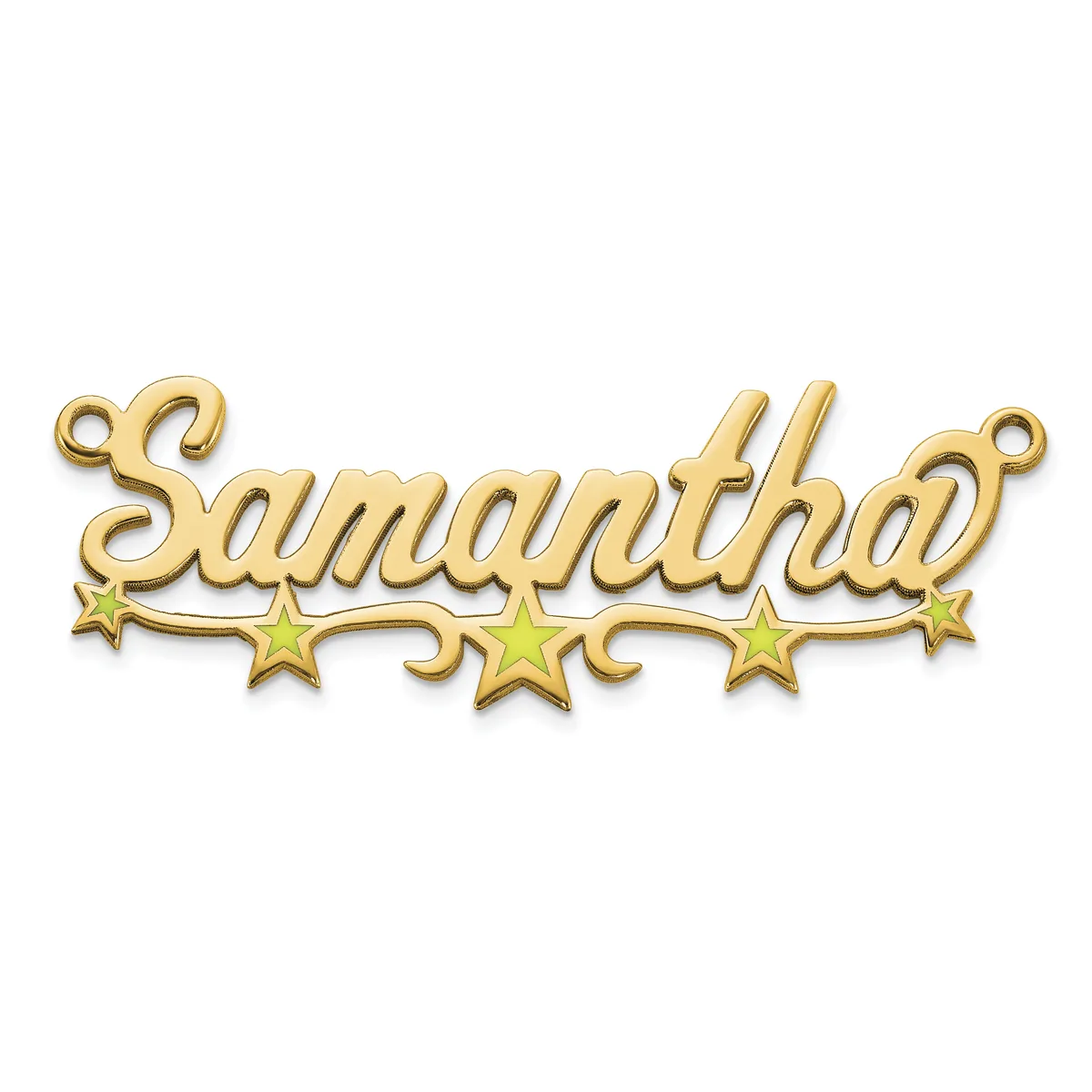 A gold-toned metal nameplate pendant spelling "Samantha" in cursive script with three yellow stars beneath and small loops at each end for attachment.