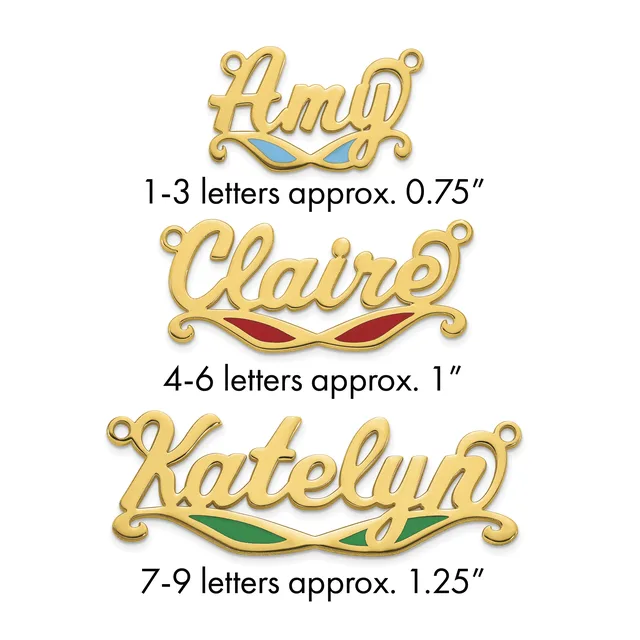 Three gold-toned name pendants with decorative enamel accents in blue, red, and green, arranged vertically with size specifications listed below each.