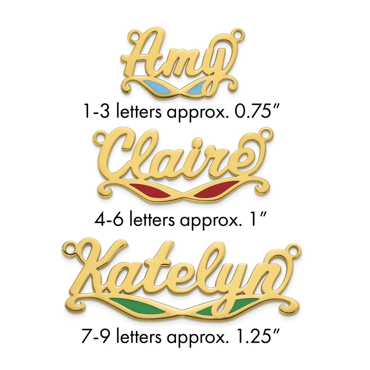 Three gold-toned name pendants with decorative enamel accents in blue, red, and green, arranged vertically with size specifications listed below each.