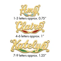 Three gold-toned name pendants with decorative enamel accents in blue, red, and green, arranged vertically with size specifications listed below each.