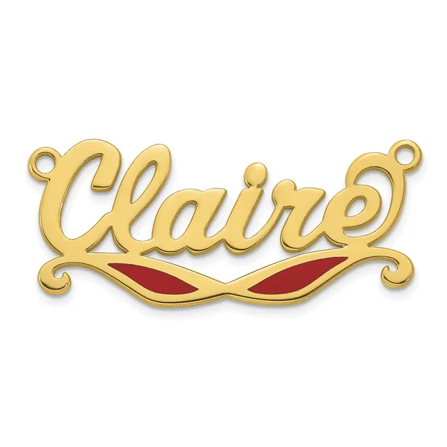 Gold-toned metal pendant with the word "Claire" in cursive script, featuring red enamel accents in a decorative flourish below, with small loops at each end for attachment.