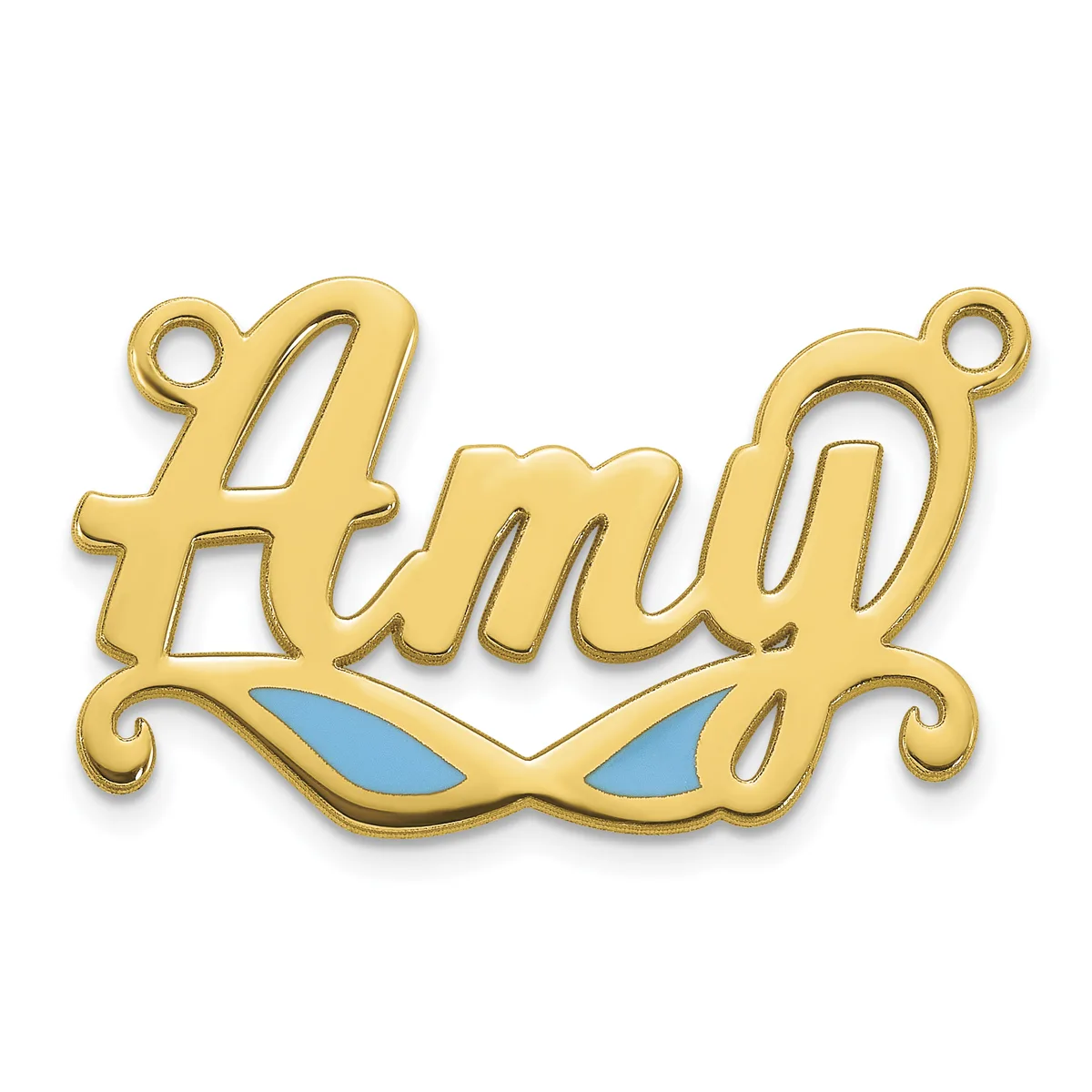 Gold-toned metal pendant with cursive "Amy" text and blue enamel eye shapes below, featuring decorative scrolls and two small loops for attachment.