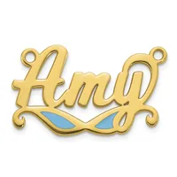 Gold-toned metal pendant with cursive "Amy" text and blue enamel eye shapes below, featuring decorative scrolls and two small loops for attachment.