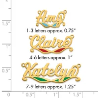 Three gold-toned name pendants with colored enamel accents shown against a measurement ruler, ranging from approximately 0.75 to 1.25 inches in height.