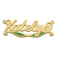 Gold-colored nameplate pendant with cursive script lettering and green enamel leaf design beneath, featuring small loops at each end for attachment.