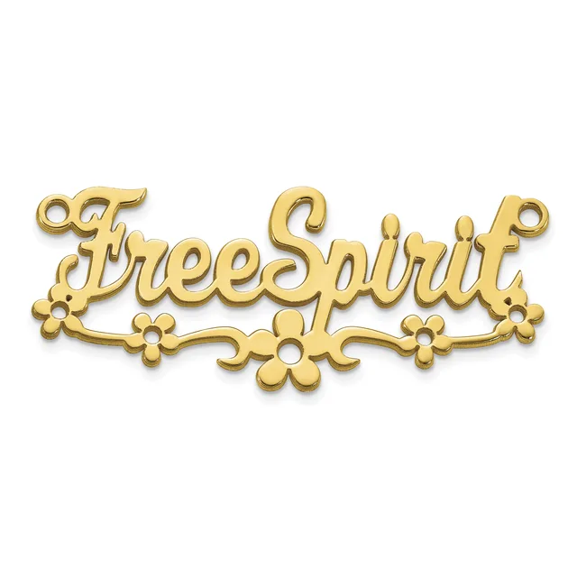 Gold-colored metal brooch or pendant with the word "BreeSpirit" in script lettering, decorated with small flower motifs along the bottom.