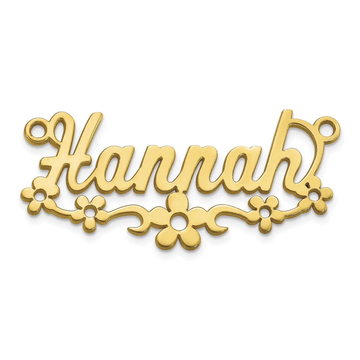 Gold-toned metal name plate pendant spelling "Hannah" with decorative flower motifs along the bottom edge and loop attachments at the corners.