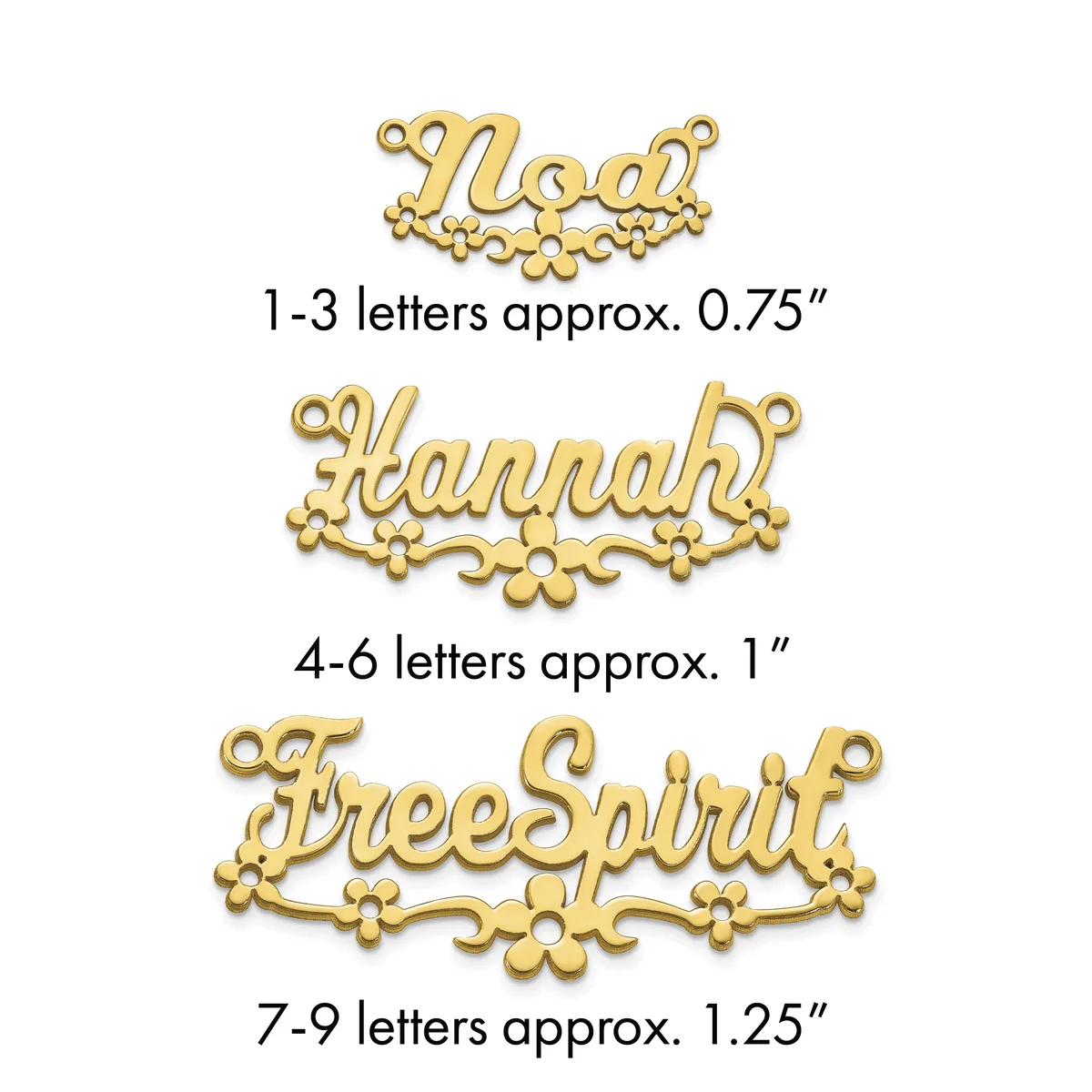 Three gold-colored name pendants with decorative flourishes shown at different sizes, labeled by letter count and approximate width measurements.