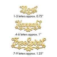 Three gold-colored name pendants with decorative flourishes shown at different sizes, labeled by letter count and approximate width measurements.