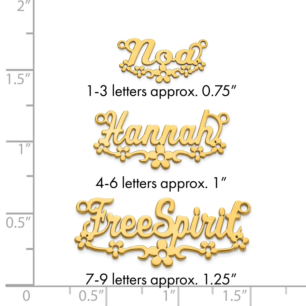 Three gold-colored metal name plates with decorative flourishes shown against a ruler measuring their heights: Noah at 0.75 inches, Hannah at 1 inch, and FreeSpirit at 1.25 inches.