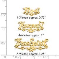 Three gold-colored metal name plates with decorative flourishes shown against a ruler measuring their heights: Noah at 0.75 inches, Hannah at 1 inch, and FreeSpirit at 1.25 inches.