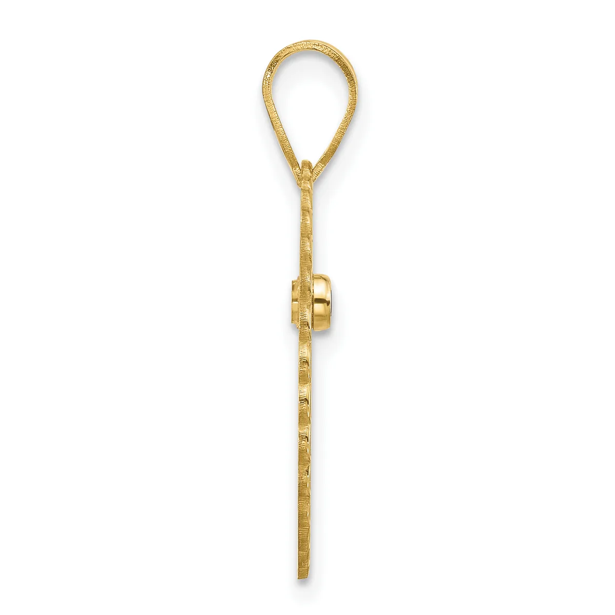 A gold pendant with a teardrop-shaped loop at the top connected to a cylindrical charm holder, displayed against a white background.