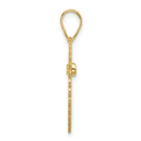 A gold pendant with a teardrop-shaped loop at the top connected to a cylindrical charm holder, displayed against a white background.