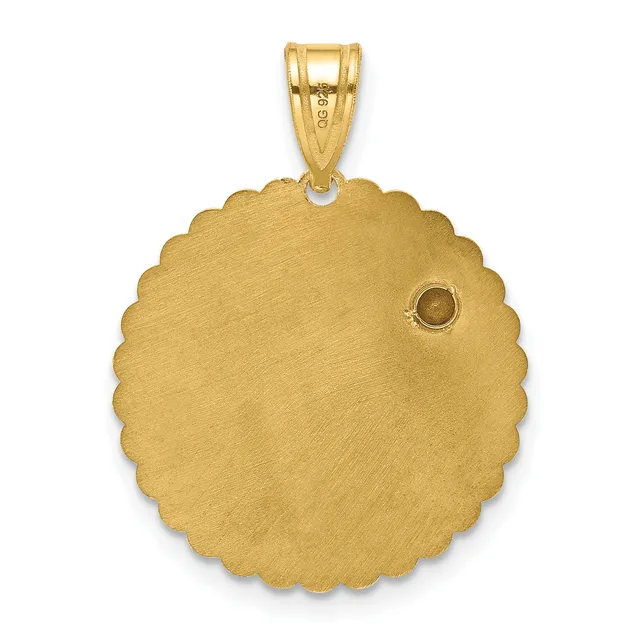 A gold scallop-edged circular pendant with a brushed finish and a small round brown stone set on the right side, suspended from a gold bail.