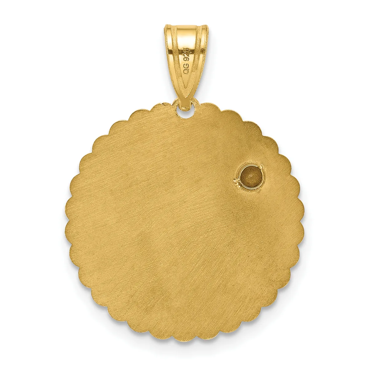 A gold scallop-edged circular pendant with a brushed finish and a small round brown stone set on the right side, suspended from a gold bail.