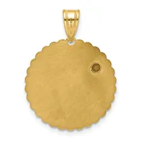 A gold scallop-edged circular pendant with a brushed finish and a small round brown stone set on the right side, suspended from a gold bail.