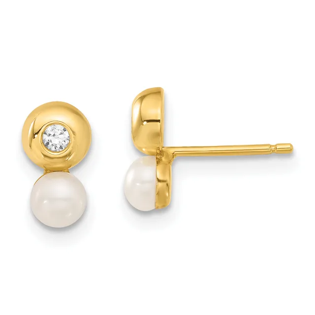 A pair of gold stud earrings featuring a polished gold sphere with a bezel-set diamond on top and a white pearl hanging below, shown from front and side views.