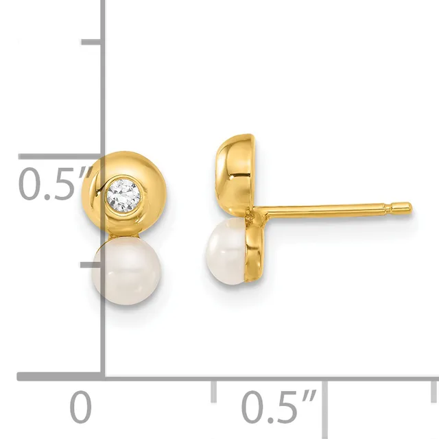 Gold stud earrings with round pearl drops and bezel-set round diamonds, shown front and side view with measurement scale indicating approximately 0.5 inch length.