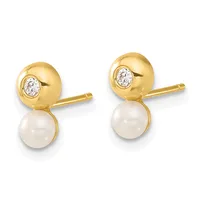 A pair of gold stud earrings with round pearl drops and round diamond bezels on top, shown from the front against a white background.