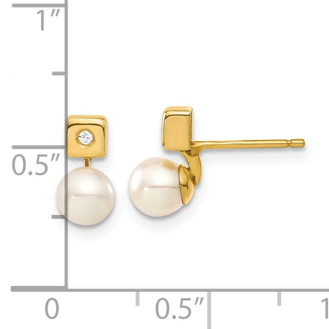 Gold stud earrings with round white pearls and small diamond accents, shown against a measurement scale indicating approximately 0.5 inches in length.