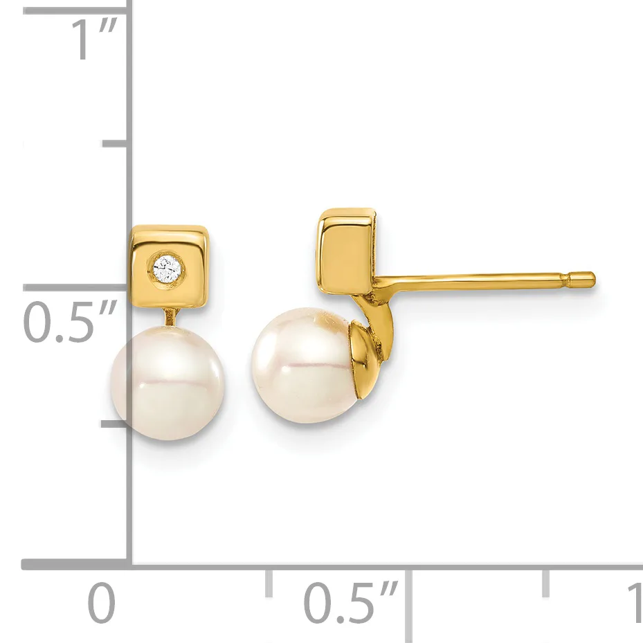 Gold stud earrings with round white pearls and small diamond accents, shown against a measurement scale indicating approximately 0.5 inches in length.