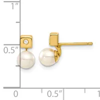 Gold stud earrings with round white pearls and small diamond accents, shown against a measurement scale indicating approximately 0.5 inches in length.